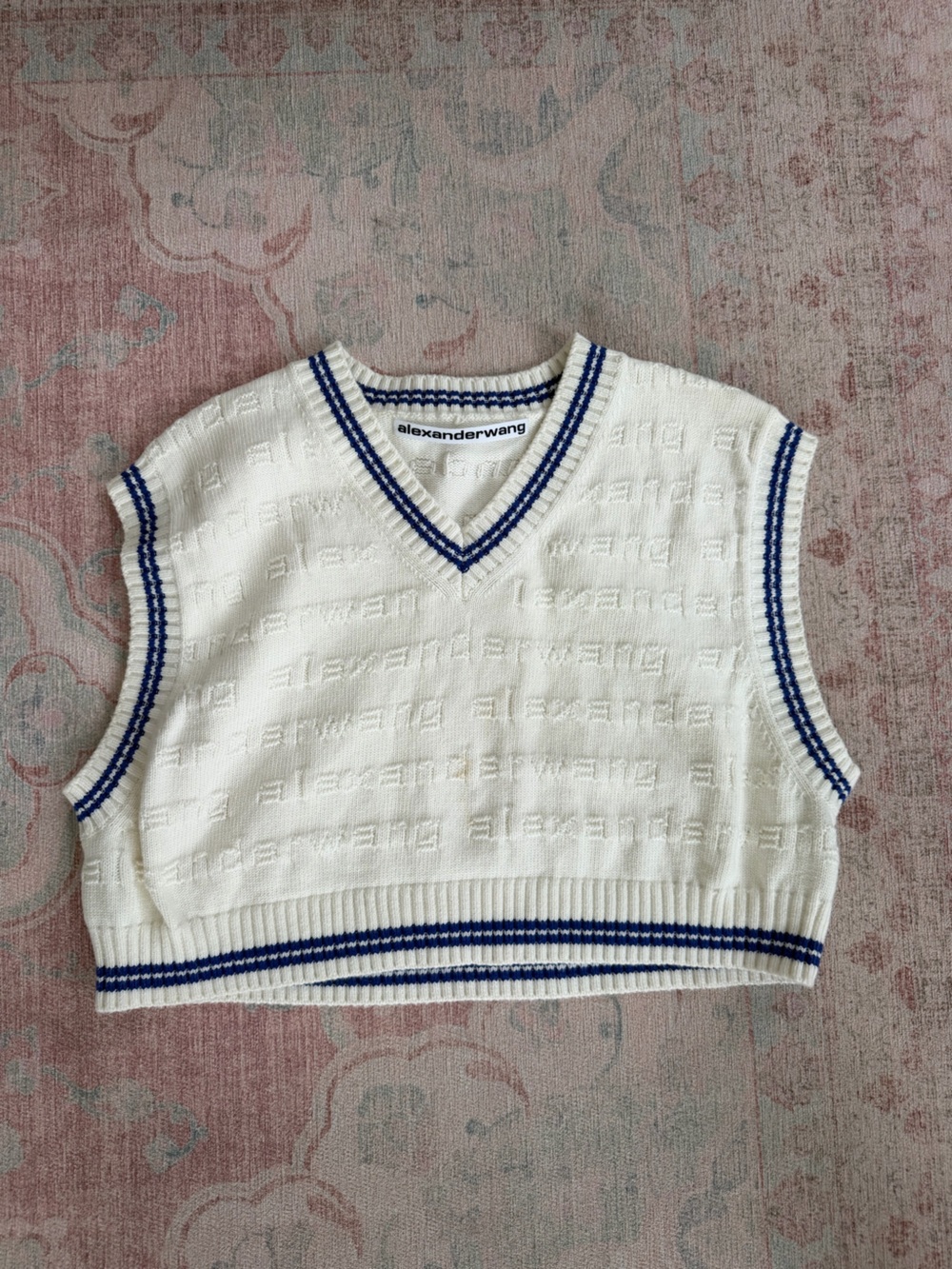 Alexander Wang Cream Knit V-Neck Sweater Vest with Blue Trim
